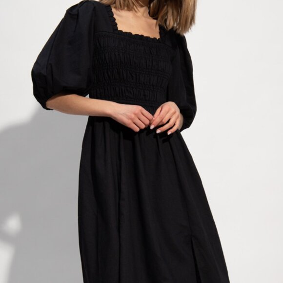 ALL SAINTS Livi Linen Black Smocked Puff Sleeve Dress Sz 6 - Picture 3 of 12